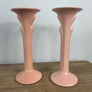 Vintage Haegar blush pink tall ceramic glazed pottery candlestick holder pair